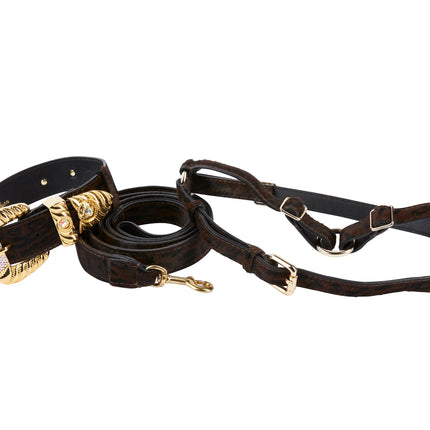 Dark Leopard Hair On Hide Italian Leather, Ornate Italian Swarovski Crystal Hardware Collar, Leash, Harness Set