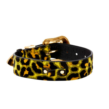 Yellow, Green, Black, Orange Leopard Print Hair On Hide Italian Leather Collar, With Swarovski Crystal Hardware