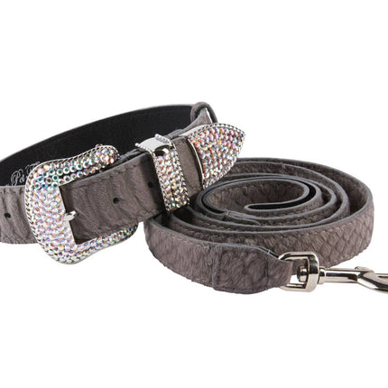 Dark Grey Snake Print Hair On Hide Italian Leather Collar & Leash Set With Swarovski Crystal Hardware