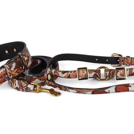 Butterfly Print Italian Leather Classic Collar, Leash & Harness Set