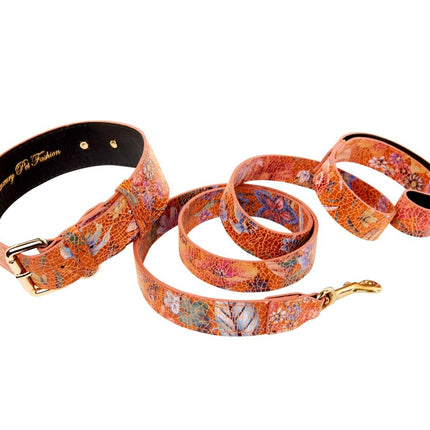 Orange Floral Italian Leather Classic Collar & Leash Set