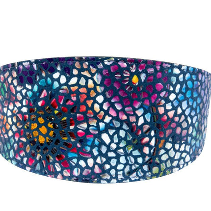 Dark Midnight Blue Floral Mosaic Italian Leather 3” Wide Style Collar