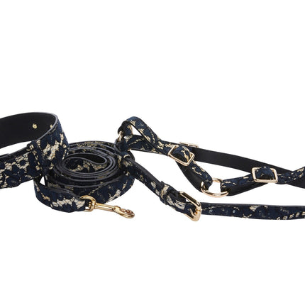 Dark Navy Lace On Gold Italian Leather Classic Collar, Leash & Harness Set