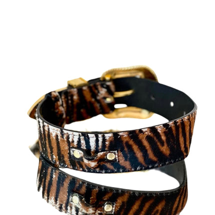 Luxury Pet Fashion Tiger Print Hair On Hide Italian Leather Collar With Swarovski Crystal Hardware