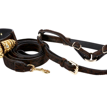 Dark Leopard Hair On Hide Italian Leather, Ornate Italian Swarovski Crystal Hardware Collar, Leash, Harness Set