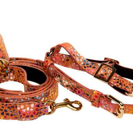 Orange Floral Mosaic Italian Leather/Ornate Swarovski Crystal Hardware Collar, Leash, Harness Set