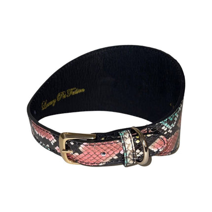 Multi-Color Embossed Snake Italian Leather Wide Style Collar With Custom Swarovski Crystal Rivets