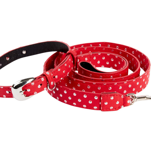 Red & Silver Polka Dot Italian Leather Collar & Leash Set With Silver Oval Hardware