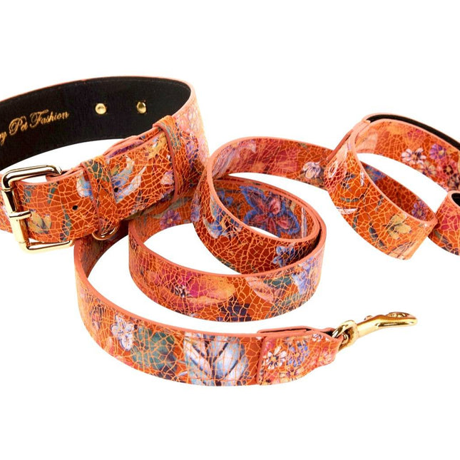 Orange Floral Italian Leather Classic Collar & Leash Set