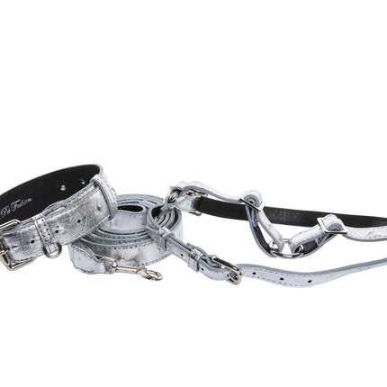 Silver Studded Italian Leather Classic Collar, Leash, Harness Set