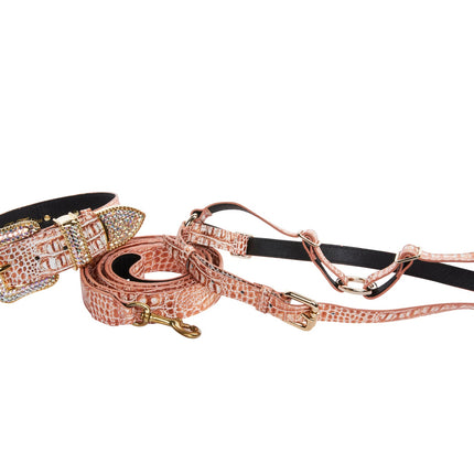 Copper Embossed Croc Italian Leather Swarovski Crystal Collar, Leash & Harness Set