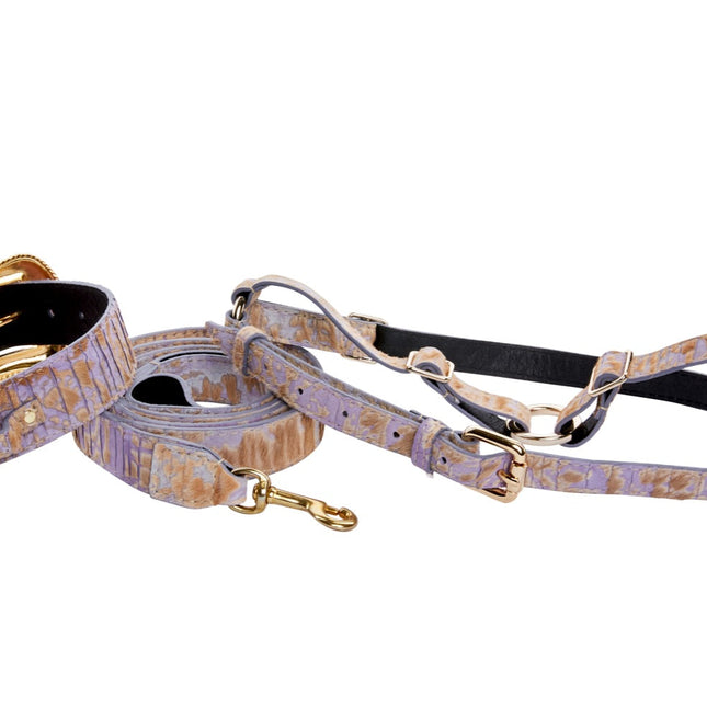 Light Purple Velvety Hair On Hide Italian Leather Swarovski Crystal Collar, Leash, Harness Set