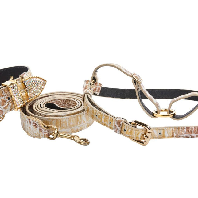 Silver/Bronze/Gold Italian Leather Embossed Croc Swarovski Crystal Collar, Leash & Harness Set