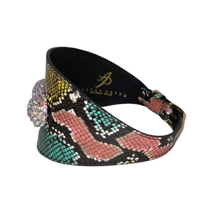 Multi-Color Embossed Snake Italian Leather Wide Style Collar With Custom Swarovski Crystal Rivets