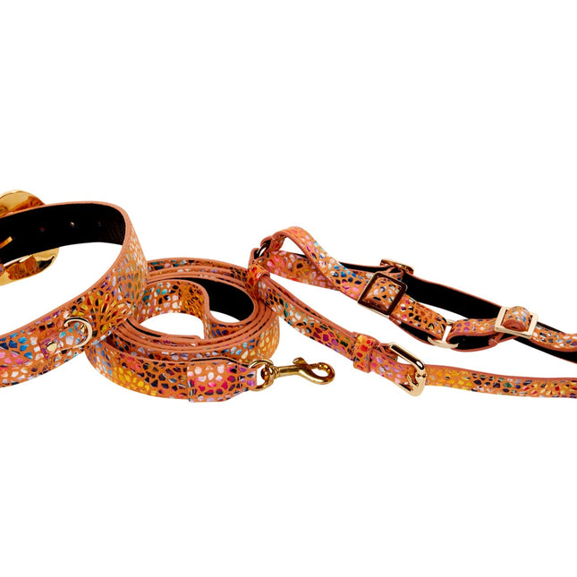 Orange Floral Mosaic Italian Leather/Ornate Swarovski Crystal Hardware Collar, Leash, Harness Set