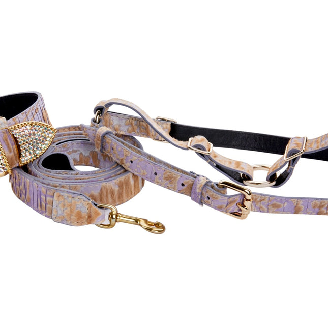 Light Purple Velvety Hair On Hide Italian Leather Swarovski Crystal Collar, Leash, Harness Set