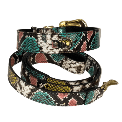 Multi-Color Embossed Snake Italian Leather Collar & Leash Set, with our Italian Made Swarovski Crystal Hardware