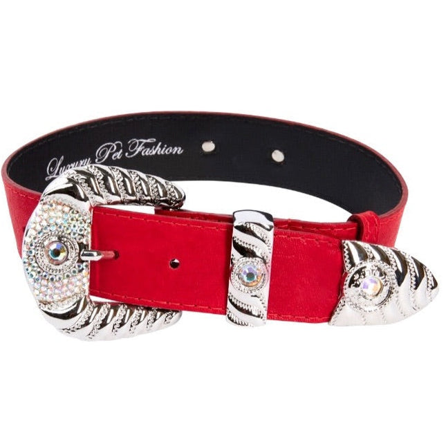 Red Distressed Italian Leather With Silver Ornate Swarovski Hardware