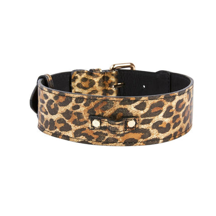 Leopard Print Italian Leather Collar With Gold Classic Hardware