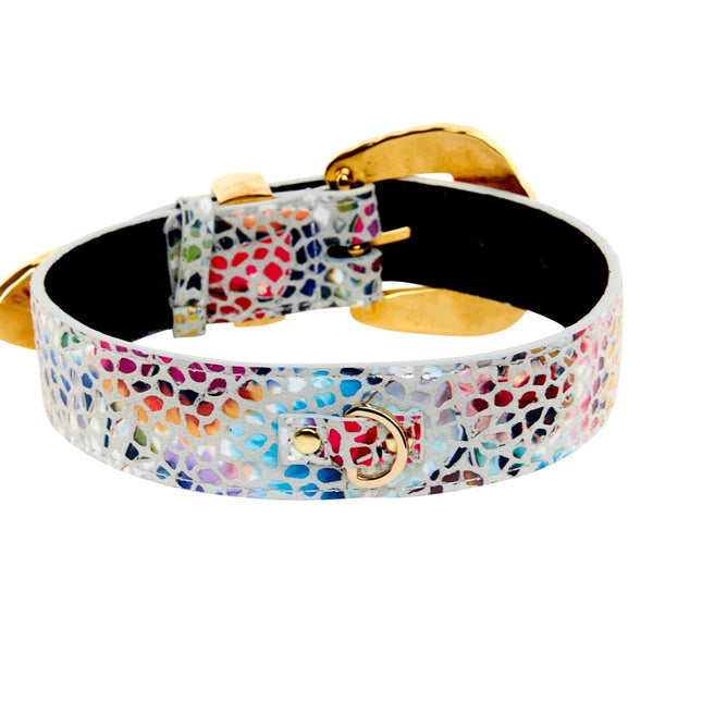 White Floral Mosaic Italian Leather Collar with Orante Swarovski Crystal Hardware