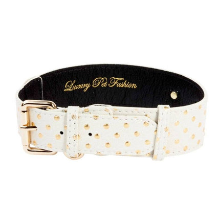 White & Gold Polka Dot Italian Leather Classic Collar