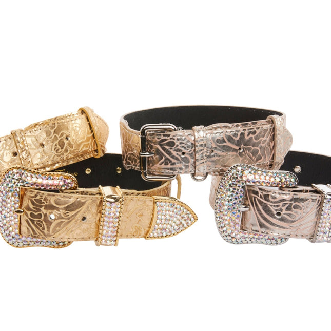 Stunning Set Of 4. Gold & Soft Pink/Silver Floral Italian Leather Collars