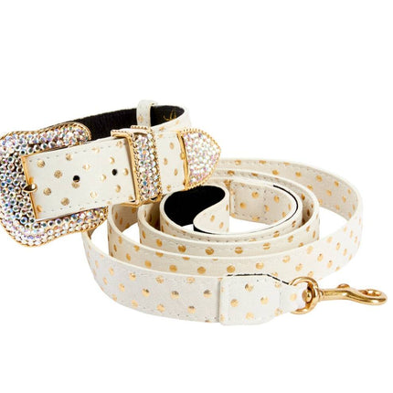 White & Gold Polka Dot Italian Leather Swarovski Crystal Collar & Leash Set