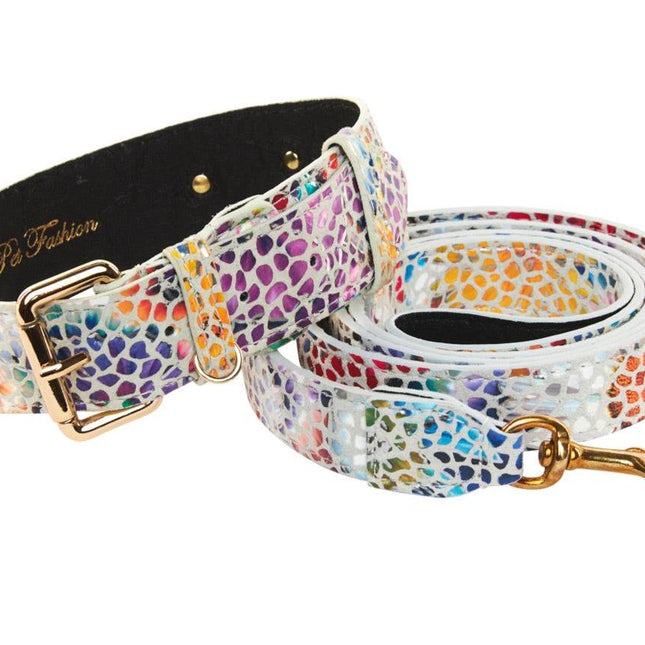 White Floral Mosaic Italian Leather Collar & Leash Set With Gold Classic Hardware