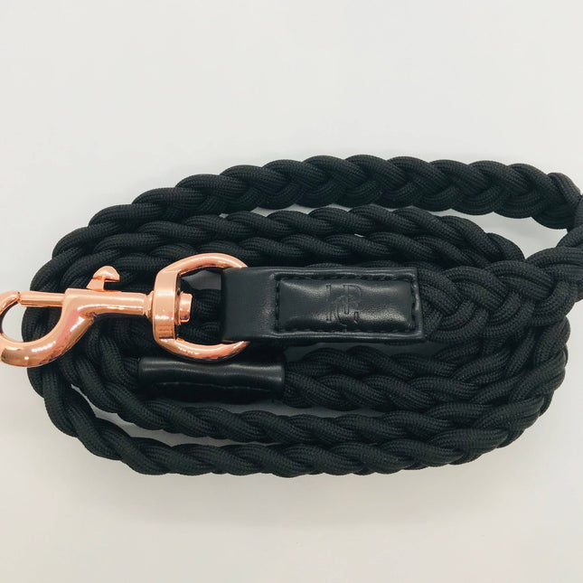 Dog Lead Black Plaited - Rose Gold Hardware