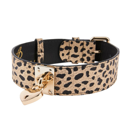 Champagne Gold Leopard Print Italian Leather Reversible Heart Locket/Classic Collar & Leash Set