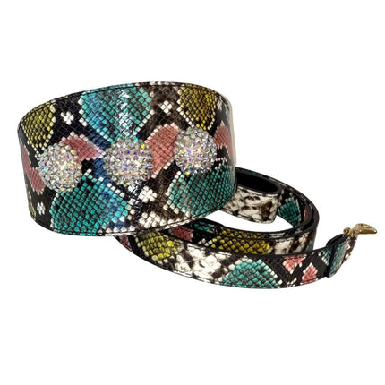 Multi Color Embossed Snake Italian Leather Wide Style Collar & Leash Set With Custom Swarovski Crystal Rivets