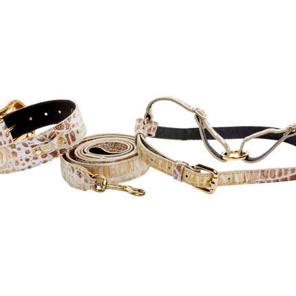 Silver/Bronze/Gold Italian Leather Embossed Croc Swarovski Crystal Collar, Leash & Harness Set