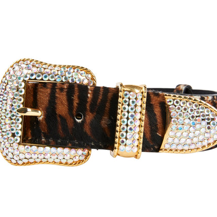 Tiger Print Hair On Hide Collar With Swarovski Crystal Hardware