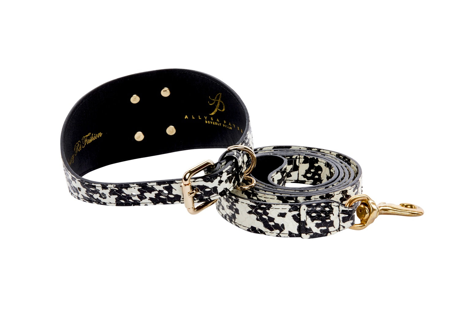 Black & White Snake 3” Wide Style Collar & Leash Set With Large Gold Custom Rivet