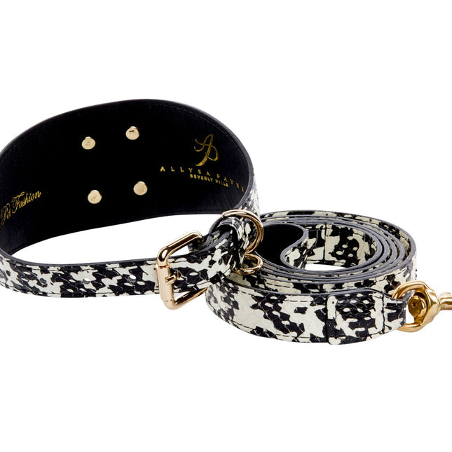 Black & White Snake 3” Wide Style Collar & Leash Set With Large Gold Custom Rivet