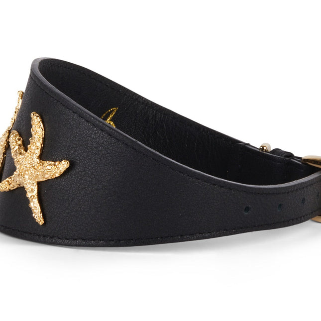 Smooth Black Italian Leather 3” Wide Style Collar With Gold Custom Starfish