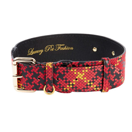 Red, Black & Yellow Elegant Plaid Italian Leather Collar With Gold Classic Hardware