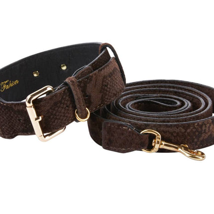 Brown Snake Print Hair On Hide Italian Leather With Classic Hardware Collar & Leash Set