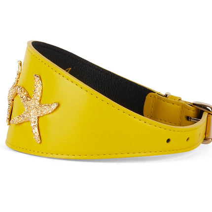 Smooth Yellow Italian Leather 3” Wide Style Collar With Custom Gold Starfish