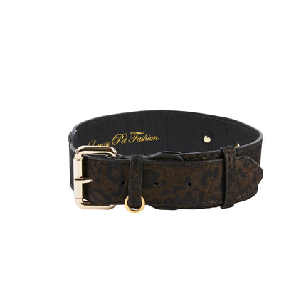 Dark Brown/Bronze Abstract Leopard Print Italian Leather Collar With Classic Hardware