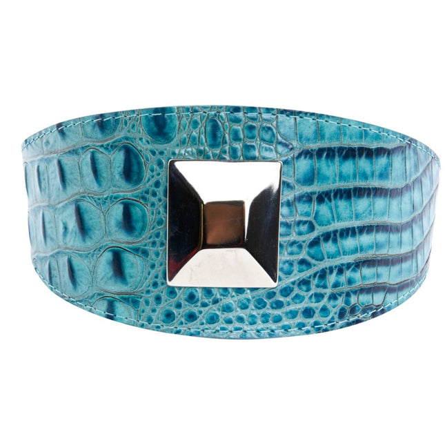 Turquoise Embossed Croc Italian Leather 3” Wide Style Collar With Large Silver Custom Rivet