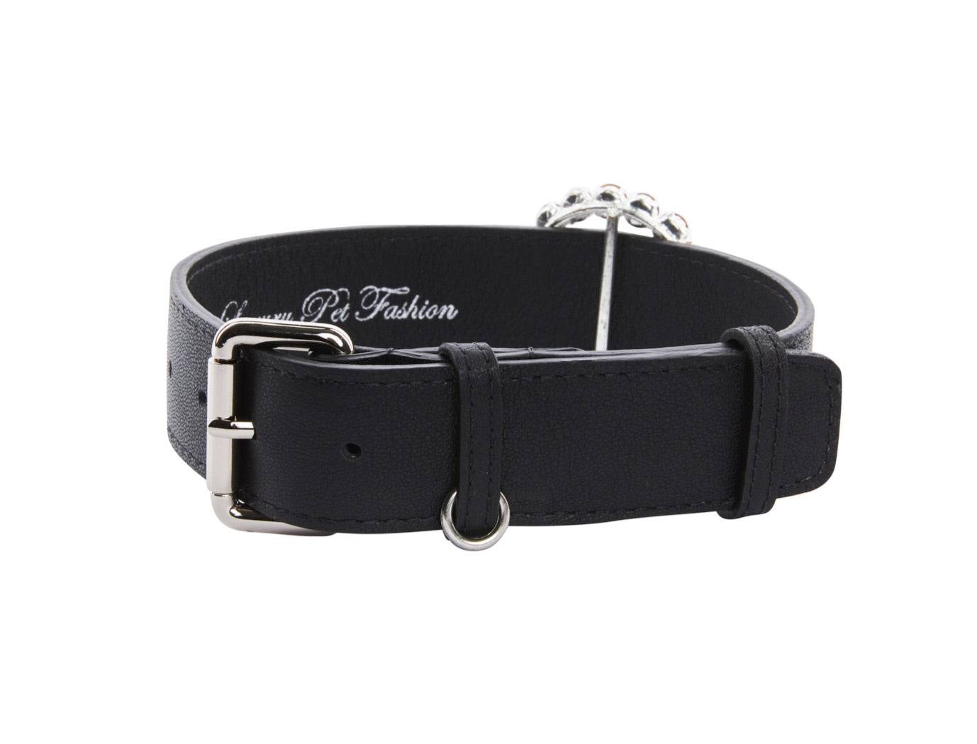 Black Italian Leather Collar With Authentic Crystal Ring/Reversible Classic Collar