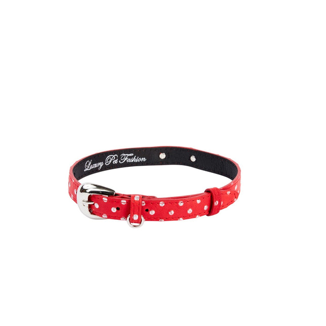 Red & Silver Polka Dot Italian Leather Collar With Oval Silver Hardware