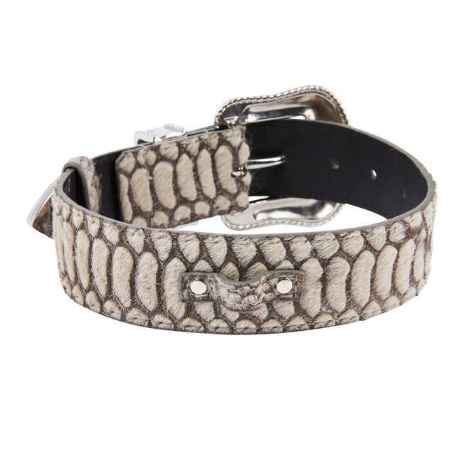 Grey Snake Print Hair On Hide Italian Leather Collar With Swarovski Crystal Hardware