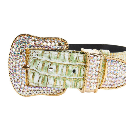 Green & Gold Embossed Croc Italian Leather Swarovski Crystal Collar