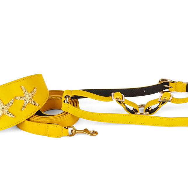 Smooth Yellow Italian Leather 3” Wide Style Collar Set With Custom Gold Starfish