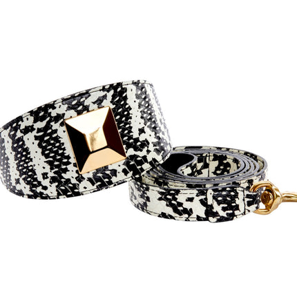 Black & White Snake 3” Wide Style Collar & Leash Set With Large Gold Custom Rivet