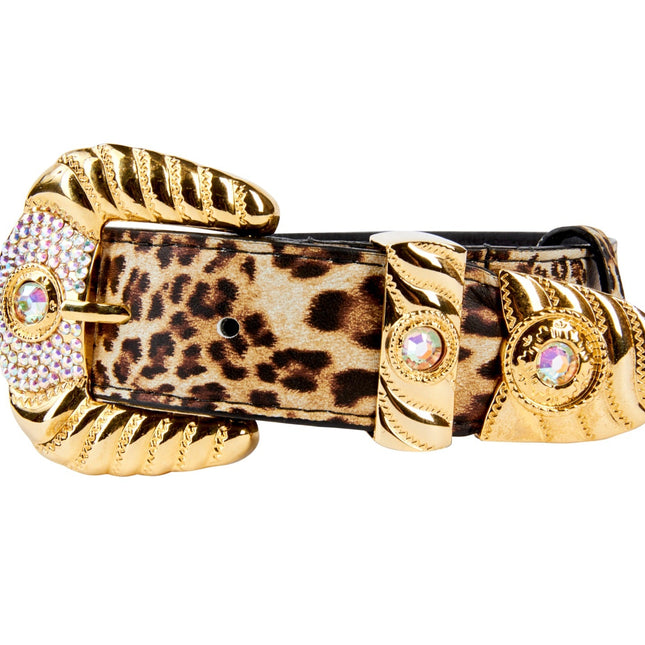 Leopard Print Italian Leather Collar With Royal Swarovski Crystal Hardware