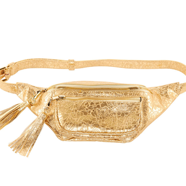 Gold Floral Embossed Italian Leather Cross Body Belt Bag