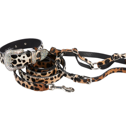 Snow Leopard Print Hair On Hide Italian Leather Swarovski Crystal Collar, Leash, Harness Set